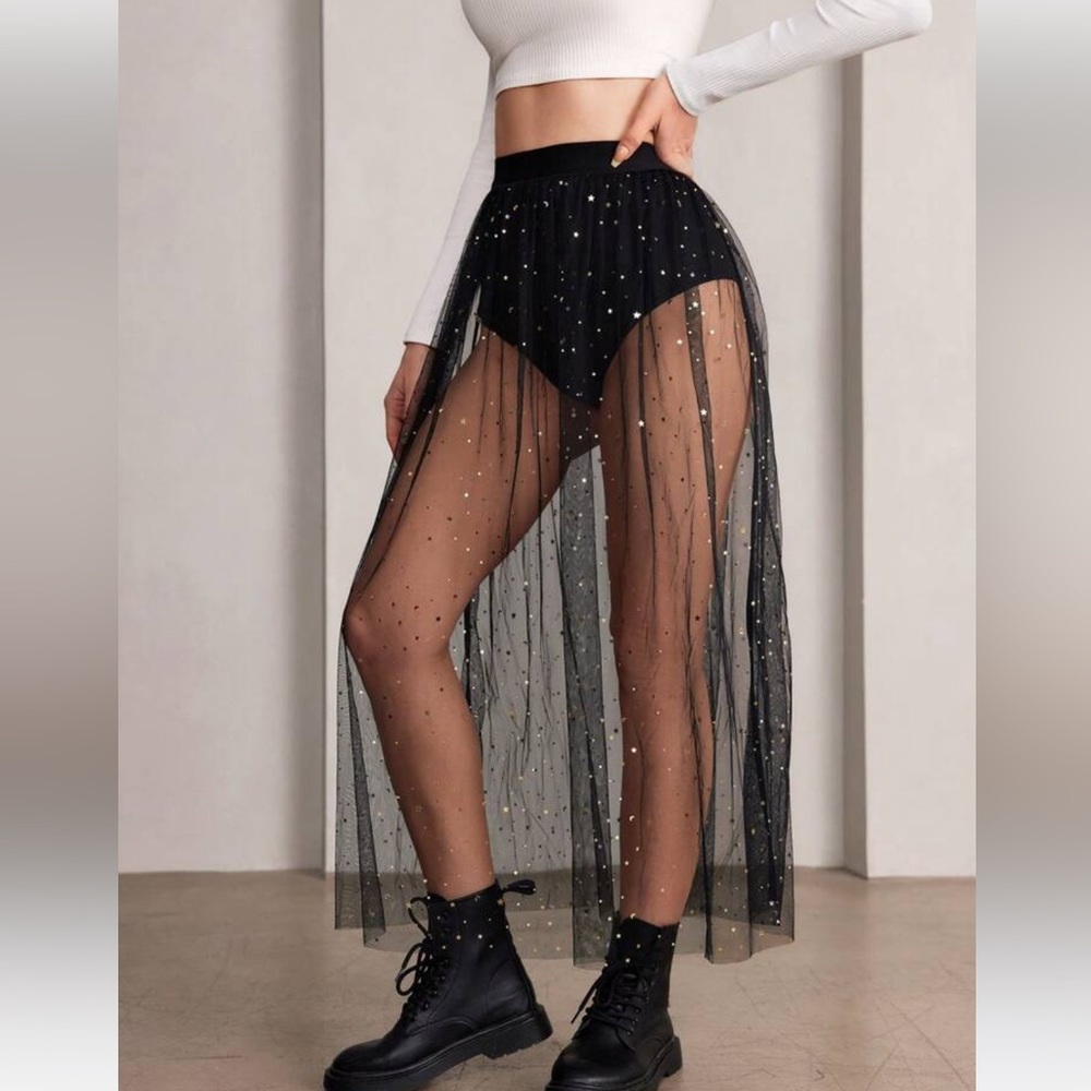 SHEIN Icon 2-in-1 Galaxy Mesh Skirt with Attached Brief